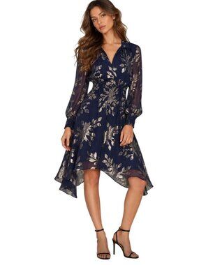 DELFI Collective Rochelle Dress Navy Blue Metallic Silk Mini NWT - Size M